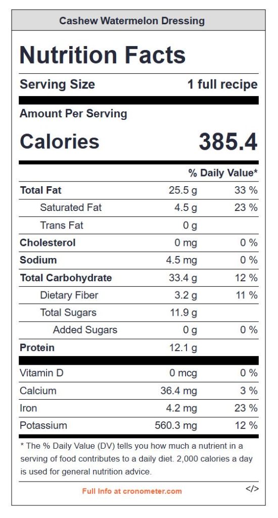 Cashew/Watermelon Dressing Nutrition Panel